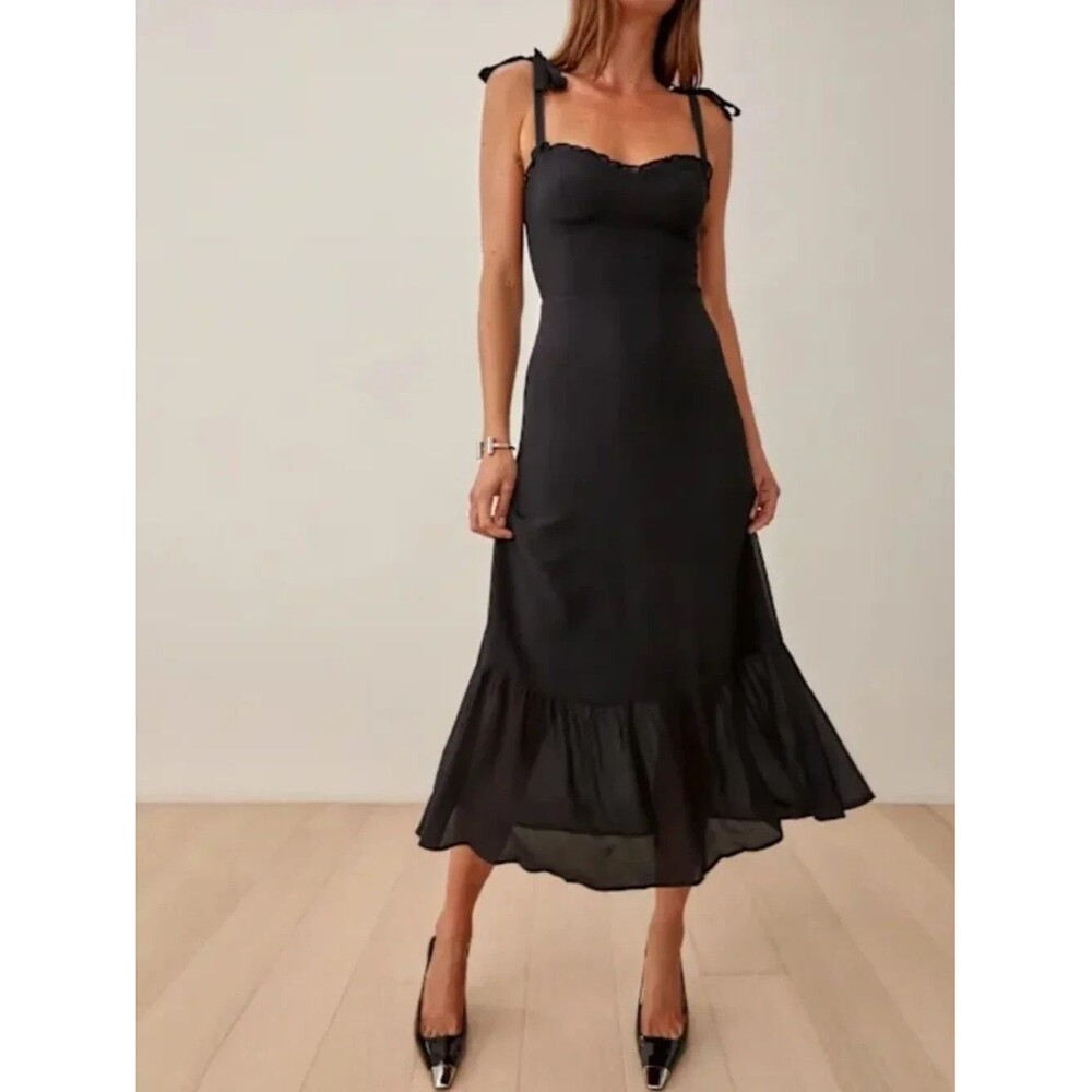 Reformation Nikita Dress Black Tie Strap Ruffle Hem Midi Size 2